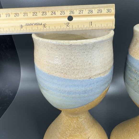 Vintage Large Footed Goblets Cups Set 2 Brown Stoneware Pottery Artist Signed - Picture 4 of 14